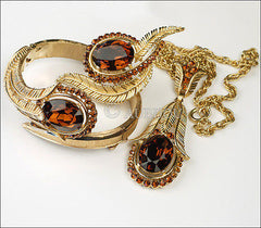 Vintage Trifari Smoked Topaz Rhinestone Floral Fern Set Brooch Pin Bracelet Parure