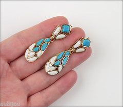 Vintage Trifari Modern Mosaic White Blue Molded Glass Bow Ribbon Brooch Pin Set 1960's