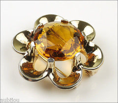 Vintage Trifari Floral Flower Topaz Faceted Glass Rhinestone Fur Clip Pin Set 1950's