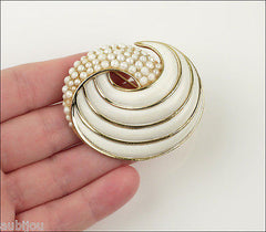 Vintage Trifari Large White Enamel Simulated Pearl Swirl Brooch Pin Set Earrings 1960's