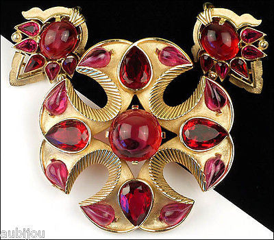 Vintage Trifari Jewels Of India Heraldic Ruby Red Rhinestone Cross Brooch Pin Set
