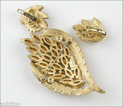 Vintage Trifari Smoked Topaz Rhinestone Floral Leaf Brooch Pin Set Earrings 1960's