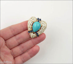 Vintage Trifari L'Orient Blue Cabochon White Enamel Heart Brooch Pin Snake Skin 1960's