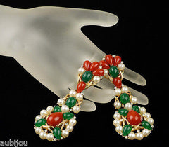 Vintage Trifari Kashmir Faux Carnelian Jade Cabochon Long Drop Dangle Earrings 1960's