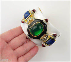 Kenneth Lane KJL Wide White Enamel Faux Jade Lapis Blue Cabochon Cuff Bracelet