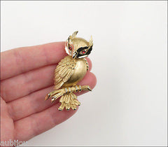 Vintage Crown Trifari 3D Figural Bird Owl Red Cabochon Fashion Brooch Pin 1960's