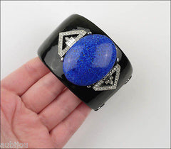 Kenneth Lane KJL Art Deco Black Enamel Faux Lapis Blue Cabochon Cuff Bracelet