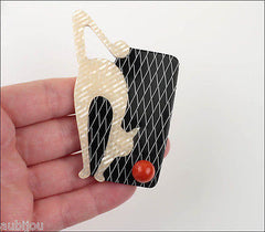 Lea Stein Cat With Ball Art Deco Brooch Pin White Black Model