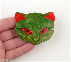 Lea Stein Bacchus The Cat Head Brooch Pin Green Red Model