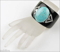 Kenneth Lane KJL Art Deco Black Enamel Faux Turquoise Cabochon Cuff Bracelet