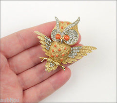 Vintage Crown Trifari Figural Faux Coral Rhinestone Owl Bird Brooch Pin Set Earrings