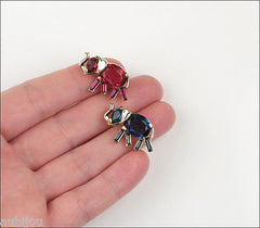 Vintage Trifari Fuchsia Blue Faceted Glass Elephant Pair Brooch Pin Philippe 1940's
