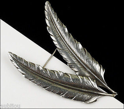 Vintage Cini Sterling Silver 3D Floral Double Feather Leaf Brooch Pin 1950's Jewelry