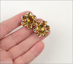 Vintage Trifari Floral Flower Topaz Faceted Glass Rhinestone Fur Clip Pin Set 1950's