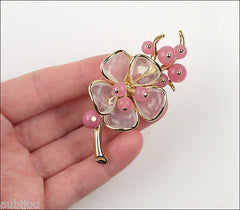 Vintage Trifari Pink Poured Glass Floral Flower Translucent Brooch Pin Set Earrings