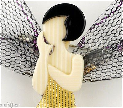 Lea Stein Fairy Demoiselle Volage Brooch Pin Yellow Black Grey
