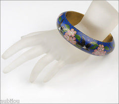 Vintage Cloisonne Dark Blue Enamel Floral Cherry Blossom Bird Bangle Bracelet 1970's