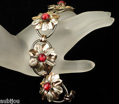 Vintage Kreisler Sterling Silver Floral Red Frosted Glass Bracelet Brooch Pin Set