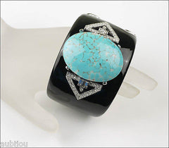 Kenneth Lane KJL Art Deco Black Enamel Faux Turquoise Cabochon Cuff Bracelet