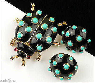 Vintage Trifari Figural Enamel Faux Turquoise Ladybug Beetle Bug Brooch Pin Set 1960's