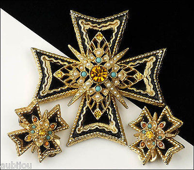 Vintage Signed Art Heraldic Black Velvet Rhinestone Maltese Cross Brooch Pin Set 1960's