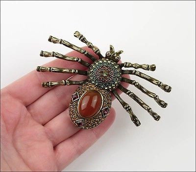 Heidi Daus Figural Faux Carnelian Glass Rhinestone Spider Brooch