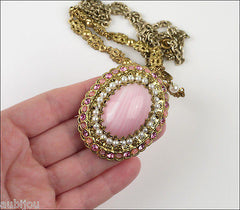 Vintage West Germany Ornate Rose Pink Givre Art Glass Cabochon Pendant Necklace Set