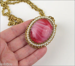Vintage West Germany Ornate Pink Givre Art Glass Cabochon Pendant Necklace Set