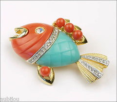 Vintage Hattie Carnegie Faux Coral Turquoise Lucite Figural Piranha Fish Brooch Pin