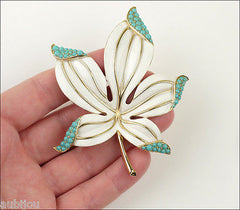 Vintage Trifari Floral White Enamel Faux Turquoise Blue Cabochon Leaf Brooch Pin Set