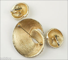 Vintage Trifari Large White Enamel Simulated Pearl Swirl Brooch Pin Set Earrings 1960's