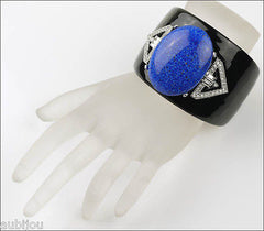 Kenneth Lane KJL Art Deco Black Enamel Faux Lapis Blue Cabochon Cuff Bracelet