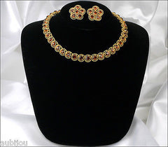 Vintage Trifari Smoked Topaz Rhinestone Floral Necklace Earrings Set Choker 1960's