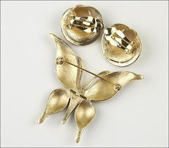 Vintage Trifari Figural Black Enamel Butterfly Insect Brooch Pin Set Earrings 1960's