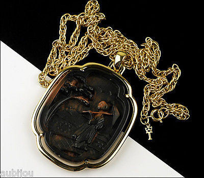 Vintage Trifari Asian Oriental Faux Tortoise Shell Lucite Geisha Pendant Necklace