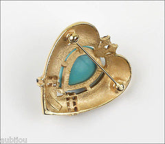 Vintage Trifari L'Orient Blue Cabochon White Enamel Heart Brooch Pin Snake Skin 1960's