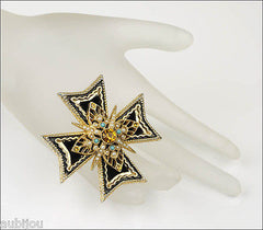 Vintage Signed Art Heraldic Black Velvet Rhinestone Maltese Cross Brooch Pin Set 1960's