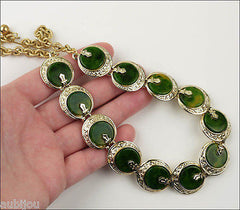 Vintage Signed Art Oriental Spinach Green Marbled Bakelite Necklace Choker Set 1960's