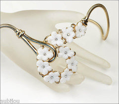 Vintage Trifari White Molded Glass Floral Forget Me Not Necklace Earrings Set 1950's