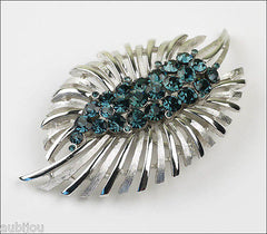Vintage Trifari Floral Leaf Montana Blue Rhinestone Brooch Pin Set Earrings 1960's