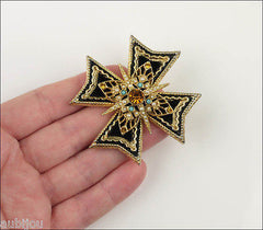 Vintage Signed Art Heraldic Black Velvet Rhinestone Maltese Cross Brooch Pin Set 1960's