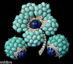 Vintage Boucher 3D Faux Turquoise Lapis Blue Glass Cabochon Flower Brooch Pin Set