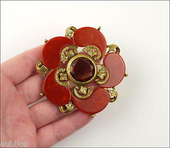 Vintage Signed Art Orange Rust Bakelite Smoked Topaz Rhinestone Brooch Pin Set 1960's