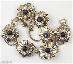 Vintage Kreisler Sterling Silver Floral Blue Frosted Glass Bracelet Brooch Pin Set