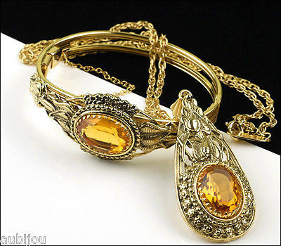 Vintage Whiting Davis Topaz Glass Rhinestone Pendant Necklace Hinged Bracelet Set