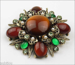 Vintage Signed Art Modeart Amber Rootbeer Glass Cabochon Rhinestone Brooch Pin Set