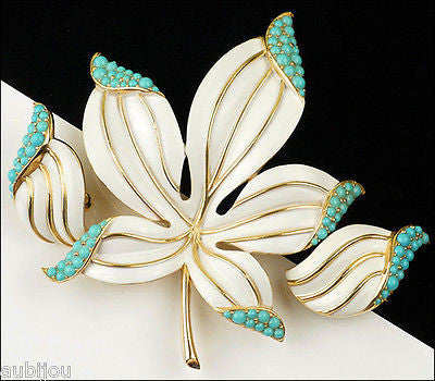 Vintage Trifari Floral White Enamel Faux Turquoise Blue Cabochon Leaf Brooch Pin Set