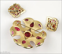 Vintage Trifari Jewels Of India Heraldic Ruby Red Rhinestone Cross Brooch Pin Set