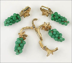 Vintage Marvella Grape Vine Faux Jade Green Peking Glass Cluster Tree Brooch Pin Set