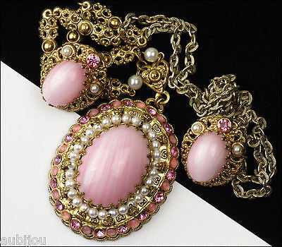 Vintage West Germany Ornate Rose Pink Givre Art Glass Cabochon Pendant Necklace Set